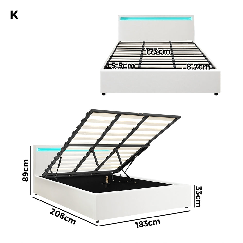 Oikiture Bed Frame RGB LED King Size Gas Lift Storage Base White-Bed Frames-PEROZ Accessories