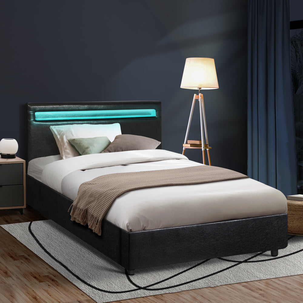 Oikiture Bed Frame RGB LED King Single Gas Lift Storage Base Black-Bed Frames-PEROZ Accessories