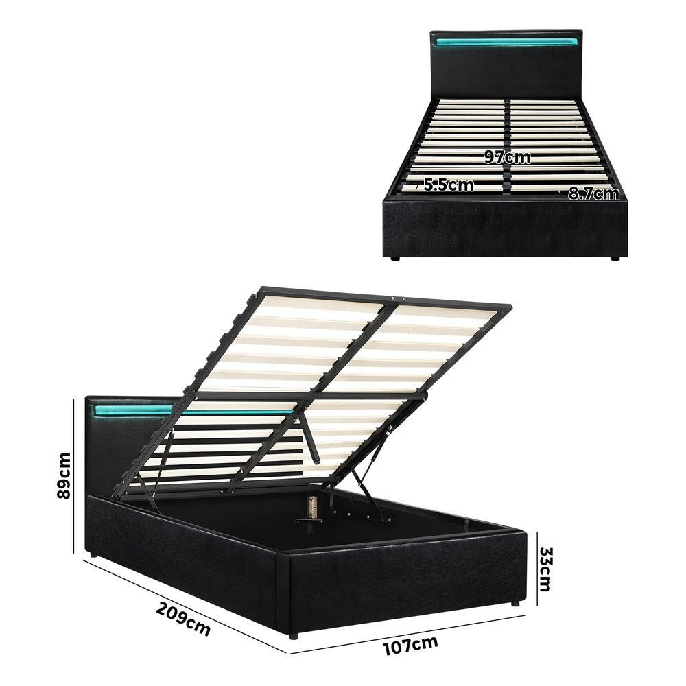 Oikiture Bed Frame RGB LED King Single Gas Lift Storage Base Black-Bed Frames-PEROZ Accessories