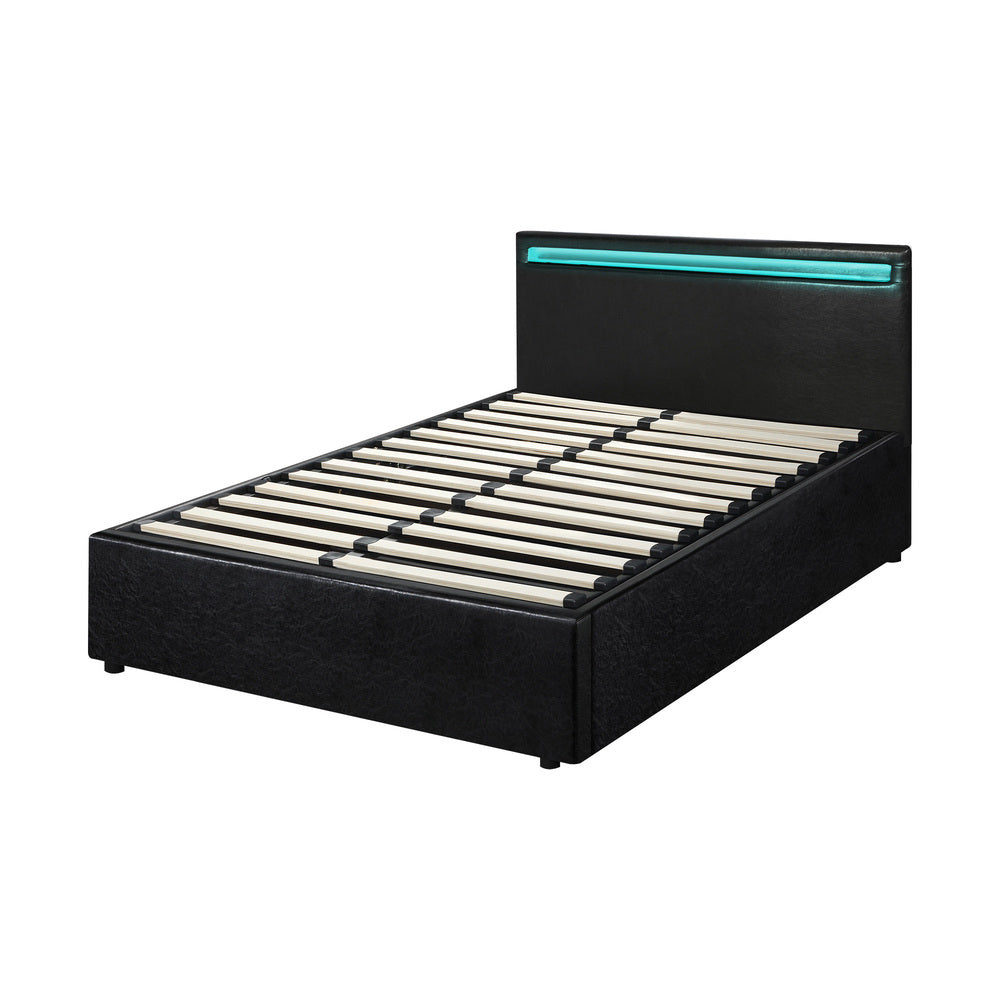 Oikiture Bed Frame RGB LED King Single Gas Lift Storage Base Black-Bed Frames-PEROZ Accessories
