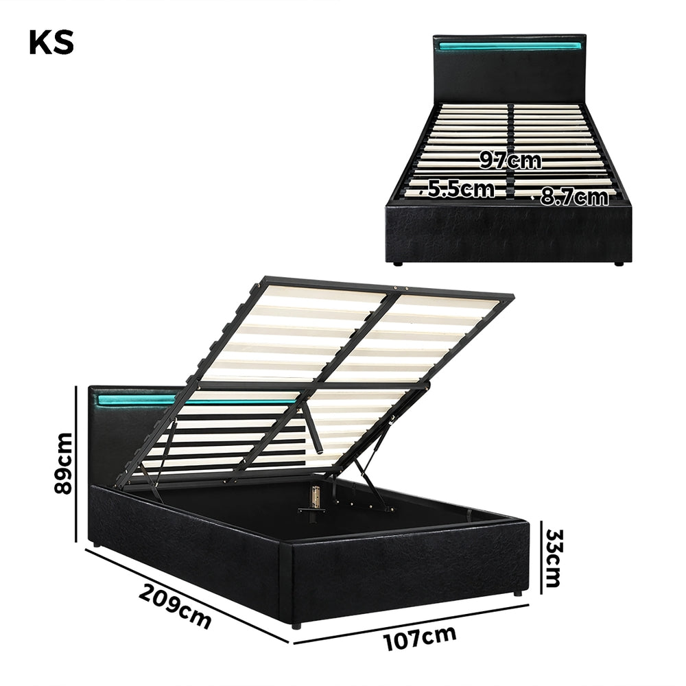 Oikiture Bed Frame RGB LED King Single Gas Lift Storage Base Black-Bed Frames-PEROZ Accessories
