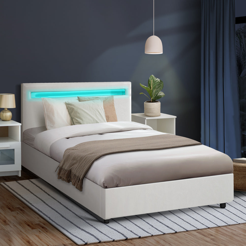 Oikiture Bed Frame RGB LED King Single Gas Lift Storage Base White-Bed Frames-PEROZ Accessories
