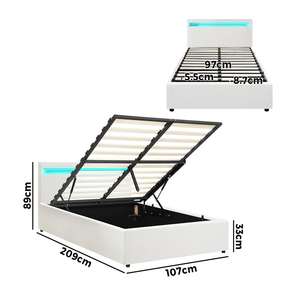 Oikiture Bed Frame RGB LED King Single Gas Lift Storage Base White-Bed Frames-PEROZ Accessories