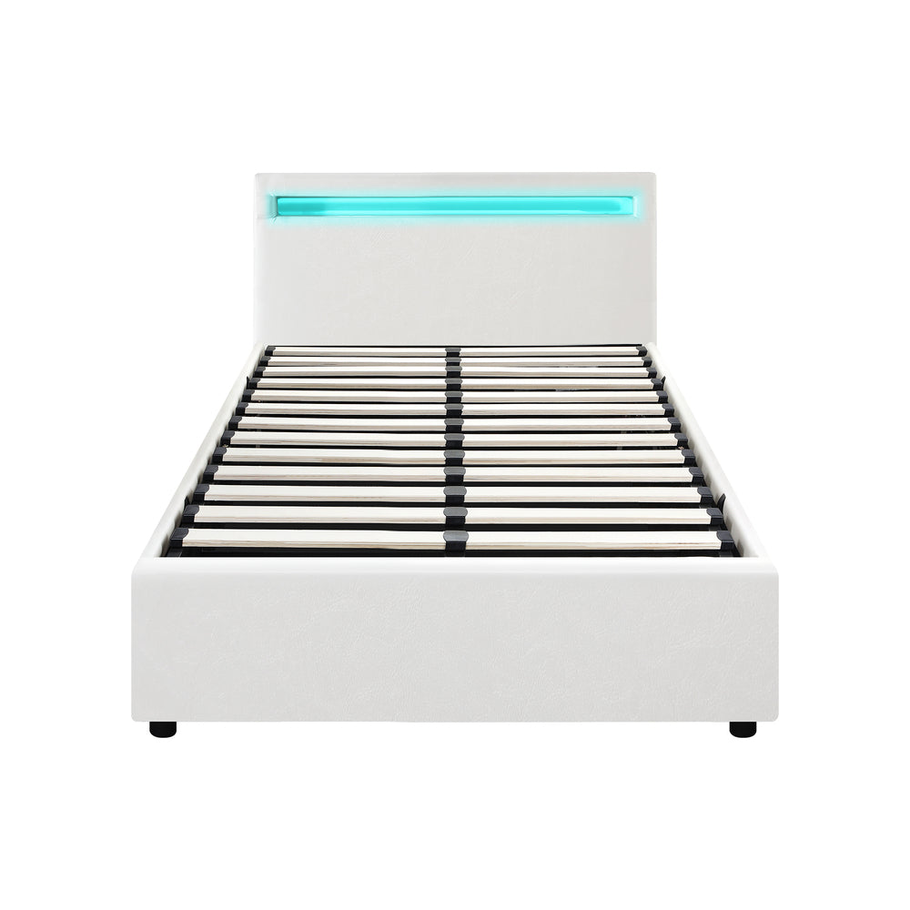 Oikiture Bed Frame RGB LED King Single Gas Lift Storage Base White-Bed Frames-PEROZ Accessories