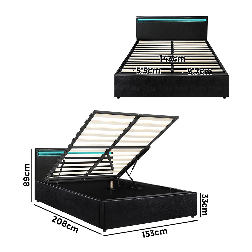 Oikiture Bed Frame RGB LED Queen Size Gas Lift Storage Base Black-Bed Frames-PEROZ Accessories