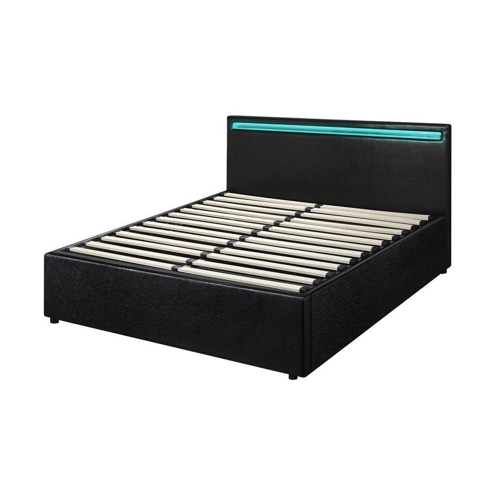 Oikiture Bed Frame RGB LED Queen Size Gas Lift Storage Base Black-Bed Frames-PEROZ Accessories