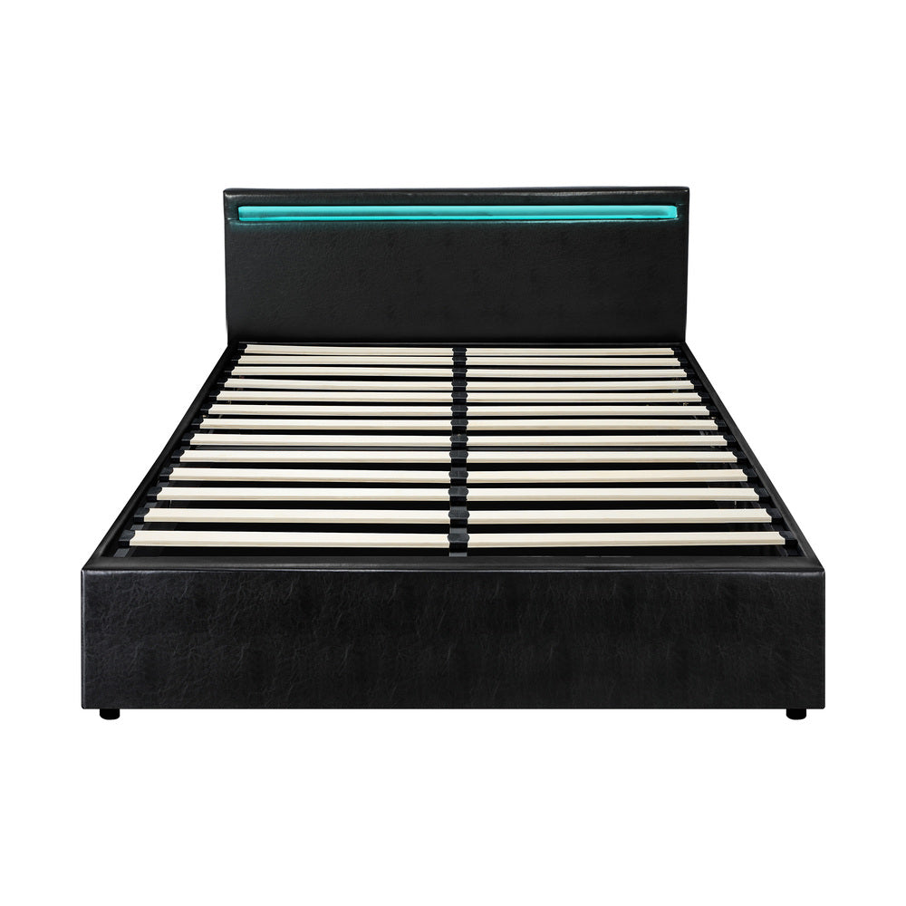 Oikiture Bed Frame RGB LED Queen Size Gas Lift Storage Base Black-Bed Frames-PEROZ Accessories
