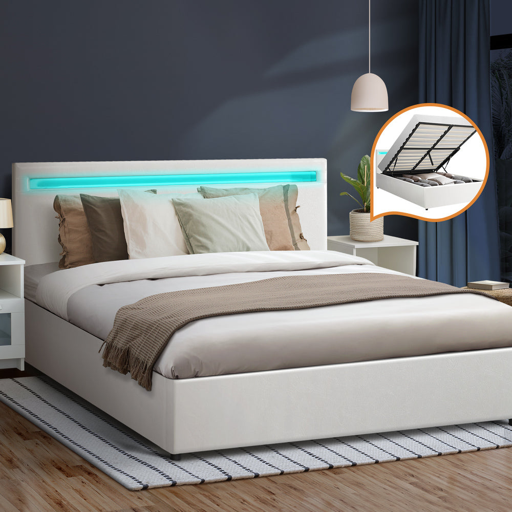 Oikiture Bed Frame RGB LED Queen Size Gas Lift Storage Base White-Bed Frames-PEROZ Accessories