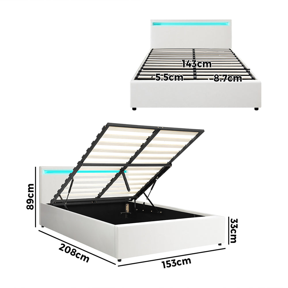 Oikiture Bed Frame RGB LED Queen Size Gas Lift Storage Base White-Bed Frames-PEROZ Accessories