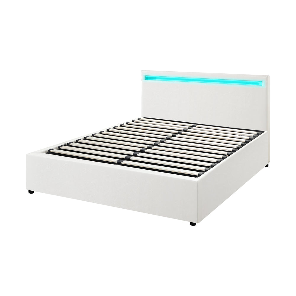 Oikiture Bed Frame RGB LED Queen Size Gas Lift Storage Base White-Bed Frames-PEROZ Accessories