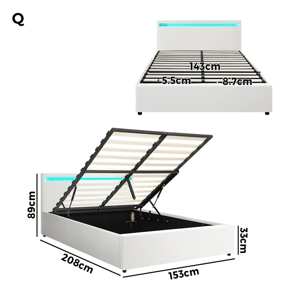 Oikiture Bed Frame RGB LED Queen Size Gas Lift Storage Base White-Bed Frames-PEROZ Accessories