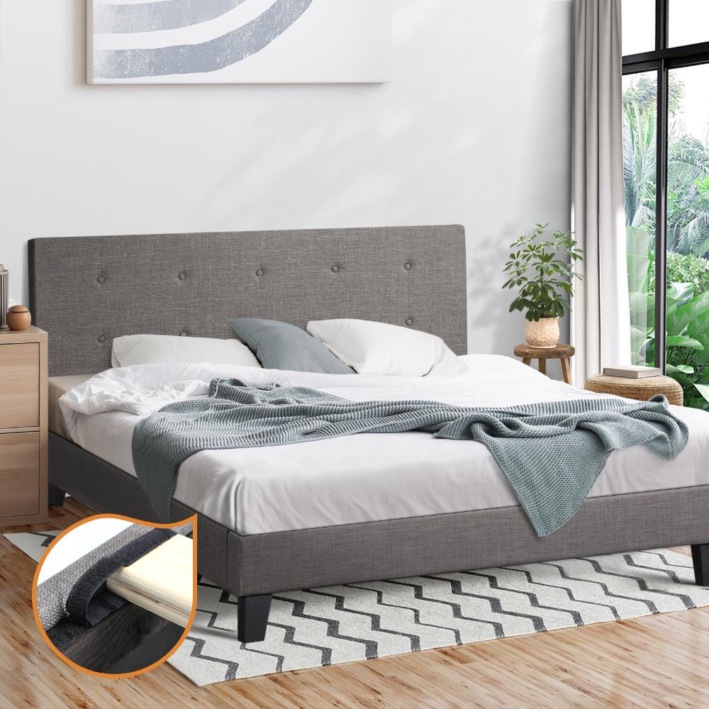 Oikiture Bed Frame Queen Size Wooden Fabric Grey-Bed Frames-PEROZ Accessories