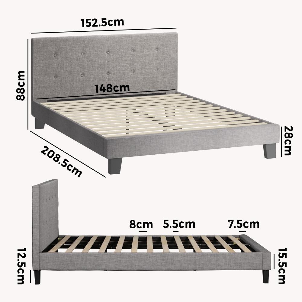 Oikiture Bed Frame Queen Size Wooden Fabric Grey-Bed Frames-PEROZ Accessories