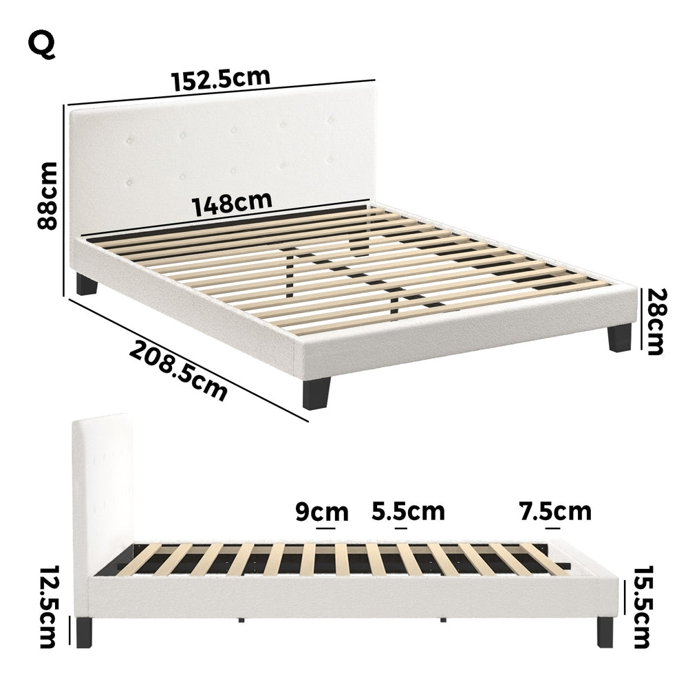 Oikiture Bed Frame Queen Size White Boucle-Bed Frames-PEROZ Accessories