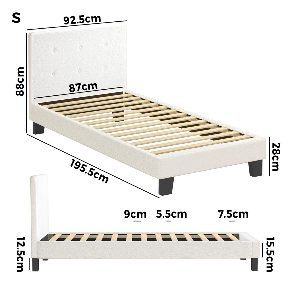Oikiture Bed Frame Single Size White Boucle-Bed Frames-PEROZ Accessories