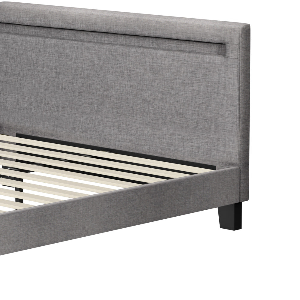 Oikiture Bed Frame RGB LED Double Size Mattress Base Platform Wooden Grey Fabric-Bed Frames-PEROZ Accessories