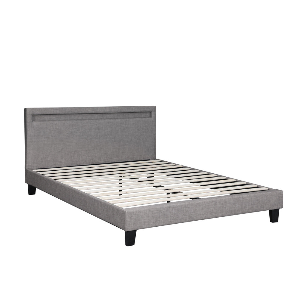 Oikiture Bed Frame RGB LED Queen Size Mattress Base Platform Wooden Grey Fabric-Bed Frames-PEROZ Accessories