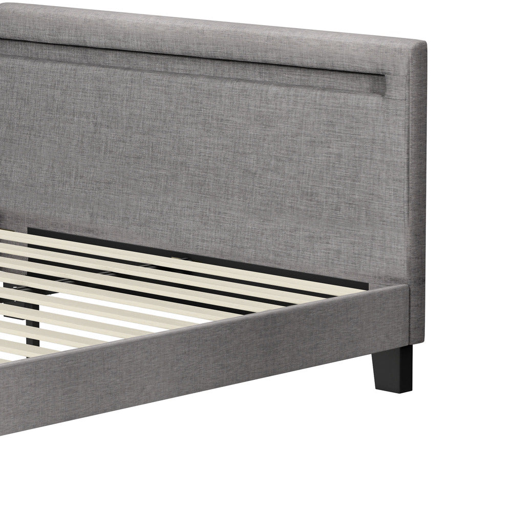 Oikiture Bed Frame RGB LED Queen Size Mattress Base Platform Wooden Grey Fabric-Bed Frames-PEROZ Accessories