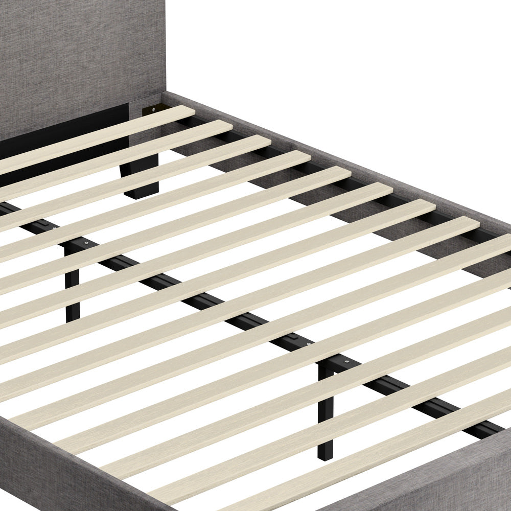 Oikiture Bed Frame RGB LED Queen Size Mattress Base Platform Wooden Grey Fabric-Bed Frames-PEROZ Accessories