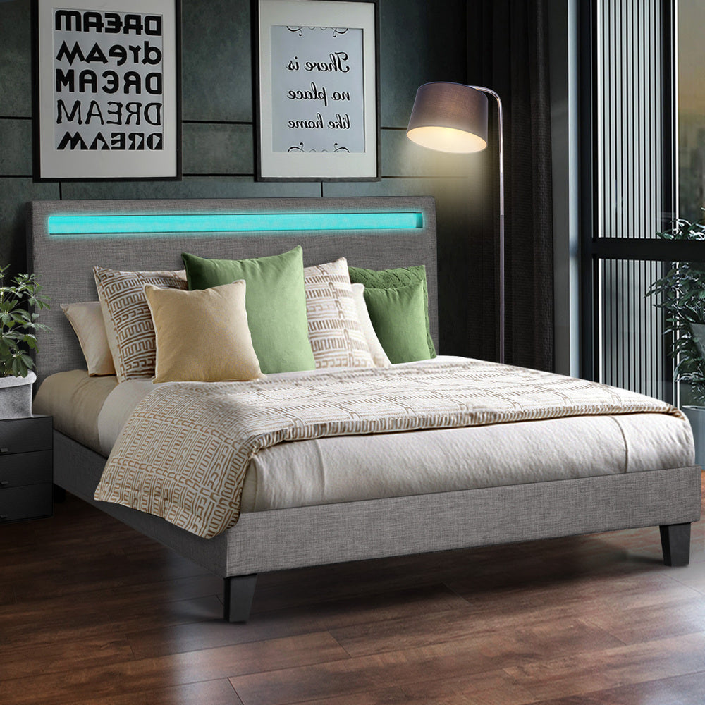 Oikiture Bed Frame RGB LED Queen Size Mattress Base Platform Wooden Grey Fabric-Bed Frames-PEROZ Accessories