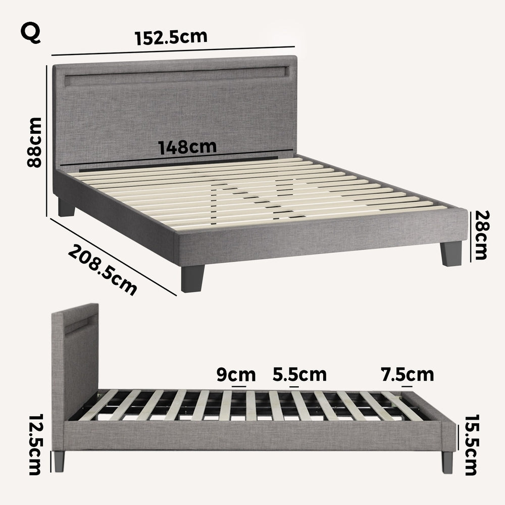 Oikiture Bed Frame RGB LED Queen Size Mattress Base Platform Wooden Grey Fabric-Bed Frames-PEROZ Accessories