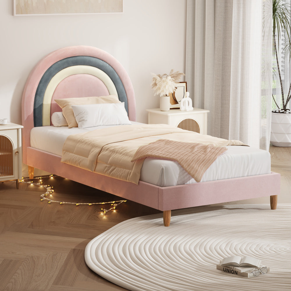 Oikiture Bed Frame Single Size Kids Bed Frame Pink Velvet-Bed Frame-PEROZ Accessories