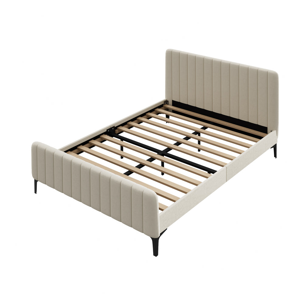 Oikiture Double Size Bed Frame Velvet Fabric Beige-Bed Frames-PEROZ Accessories
