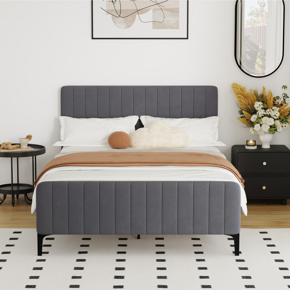 Oikiture Bed Frame Double Size Beds Platform Velvet Fabric Grey-Bed Frames-PEROZ Accessories
