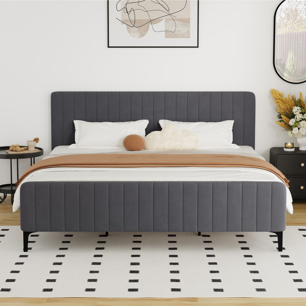 Oikiture Bed Frame King Size Beds Platform Velvet Fabric Grey-Bed Frames-PEROZ Accessories