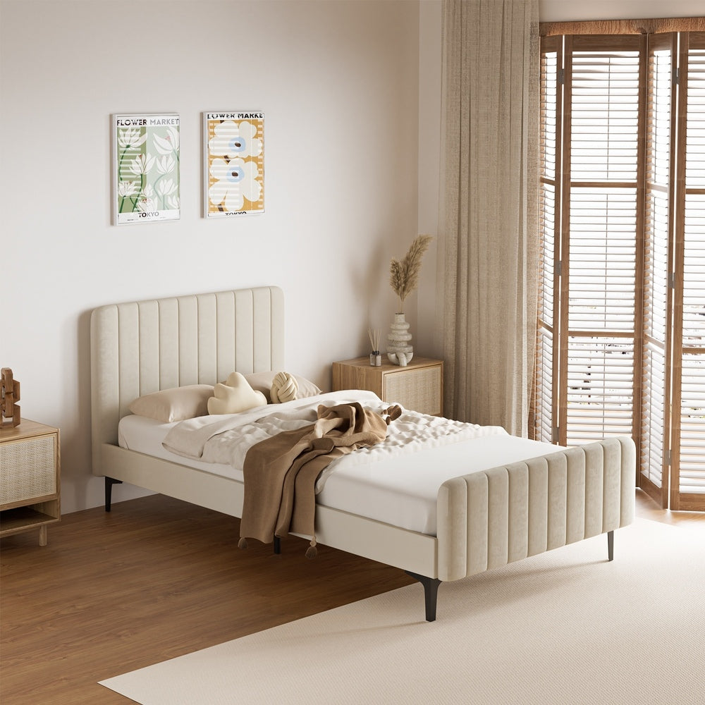 Oikiture King Single Bed Frame Velvet Fabric Beige-Bed Frames-PEROZ Accessories