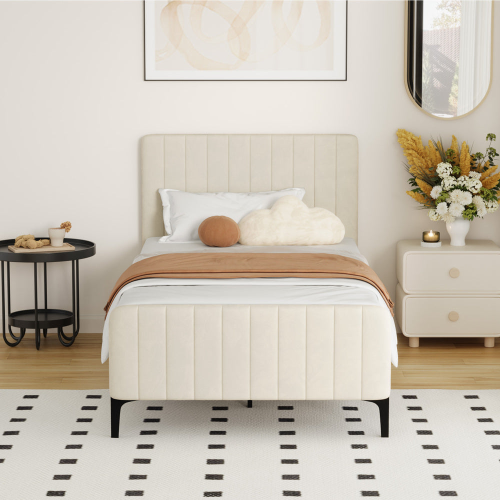 Oikiture King Single Bed Frame Velvet Fabric Beige-Bed Frames-PEROZ Accessories