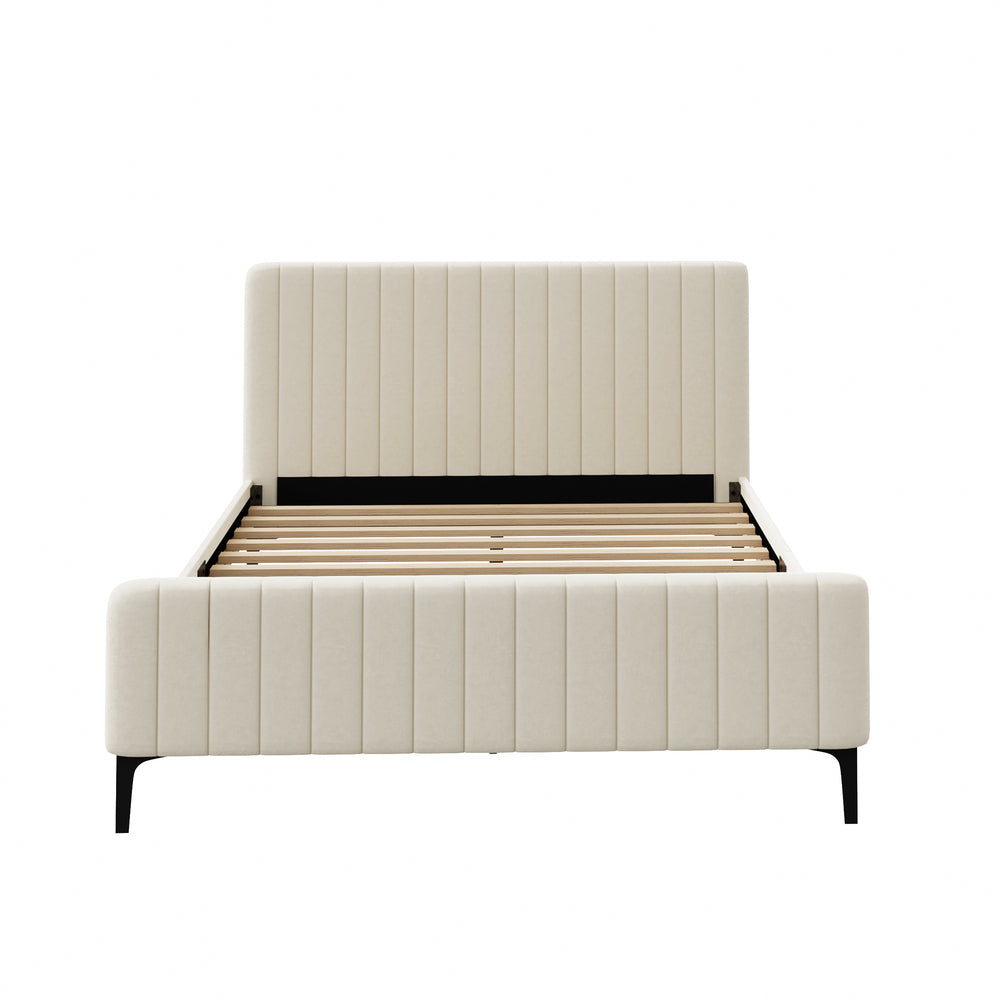 Oikiture Queen Size Bed Frame Velvet Fabric Beige-Bed Frames-PEROZ Accessories