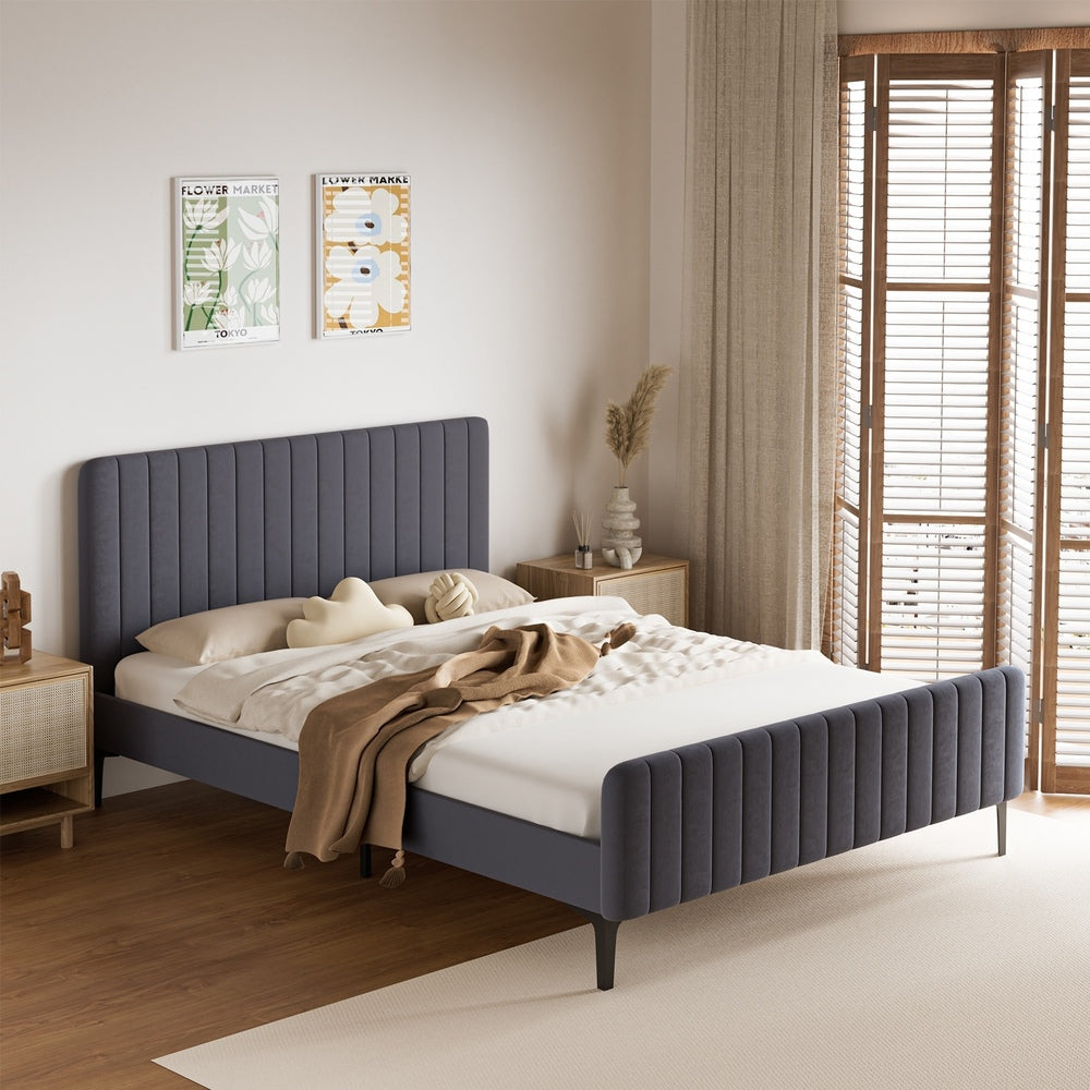 Oikiture Bed Frame Queen Size Beds Platform Velvet Fabric Grey-Bed Frames-PEROZ Accessories
