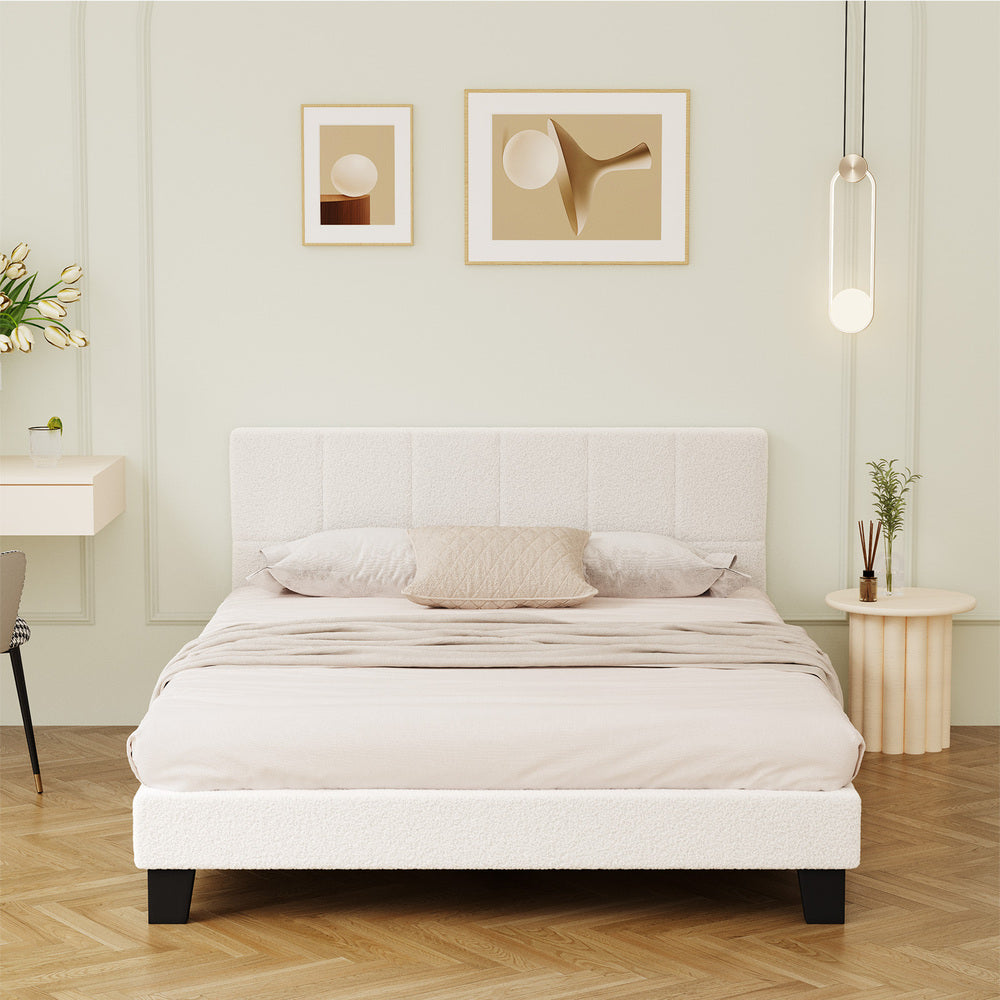 Oikiture Bed Frame Queen Size Base White Boucle TOFU-Bed Frame-PEROZ Accessories