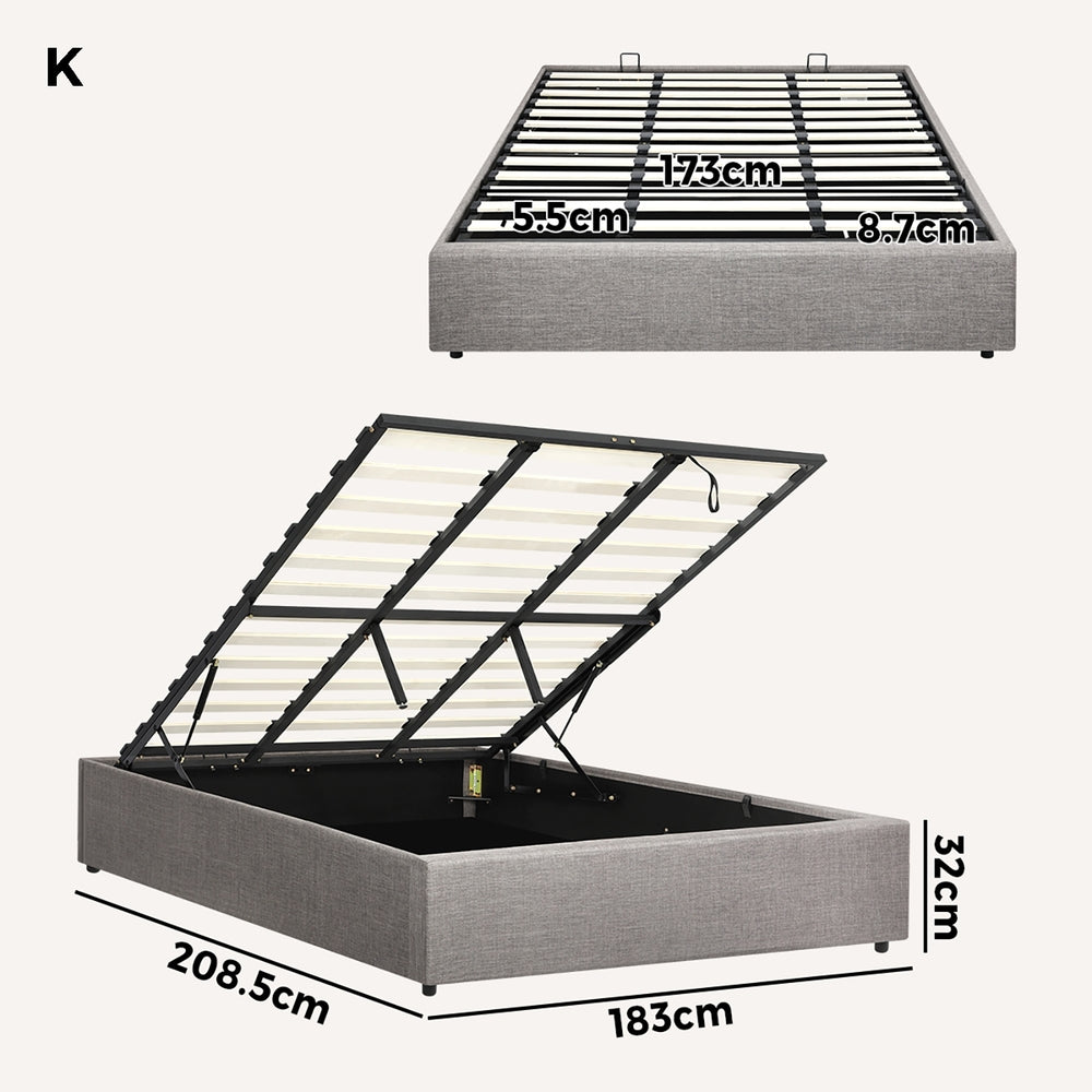 Oikiture King Bed Frame Mattress Base with Lift Gas Beige-Bed Frames-PEROZ Accessories