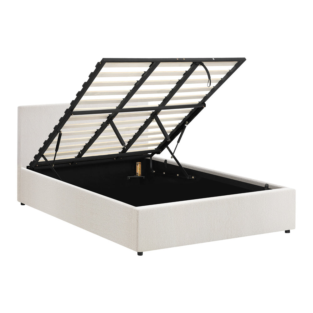 Oikiture King Bed Frame Gas Lift Storage Base White Boucle-Bed Frames-PEROZ Accessories