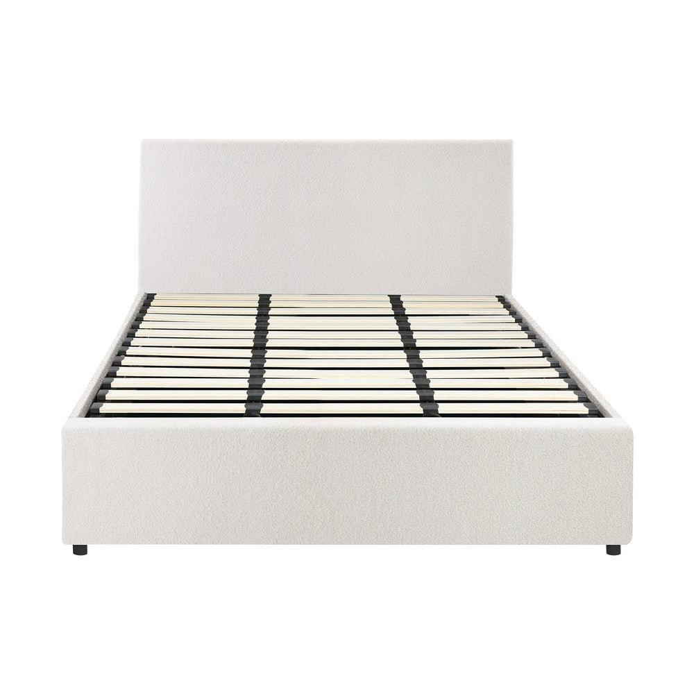 Oikiture King Bed Frame Gas Lift Storage Base White Boucle-Bed Frames-PEROZ Accessories