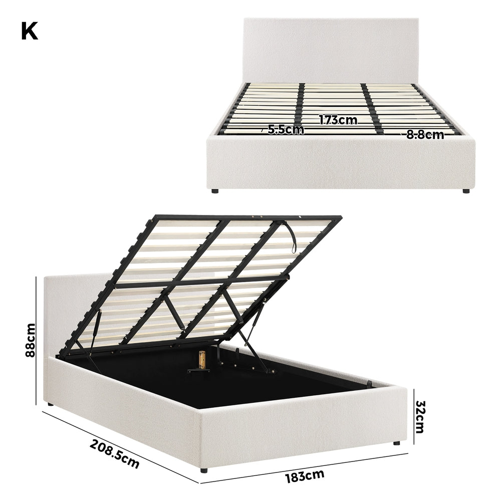 Oikiture King Bed Frame Gas Lift Storage Base White Boucle-Bed Frames-PEROZ Accessories