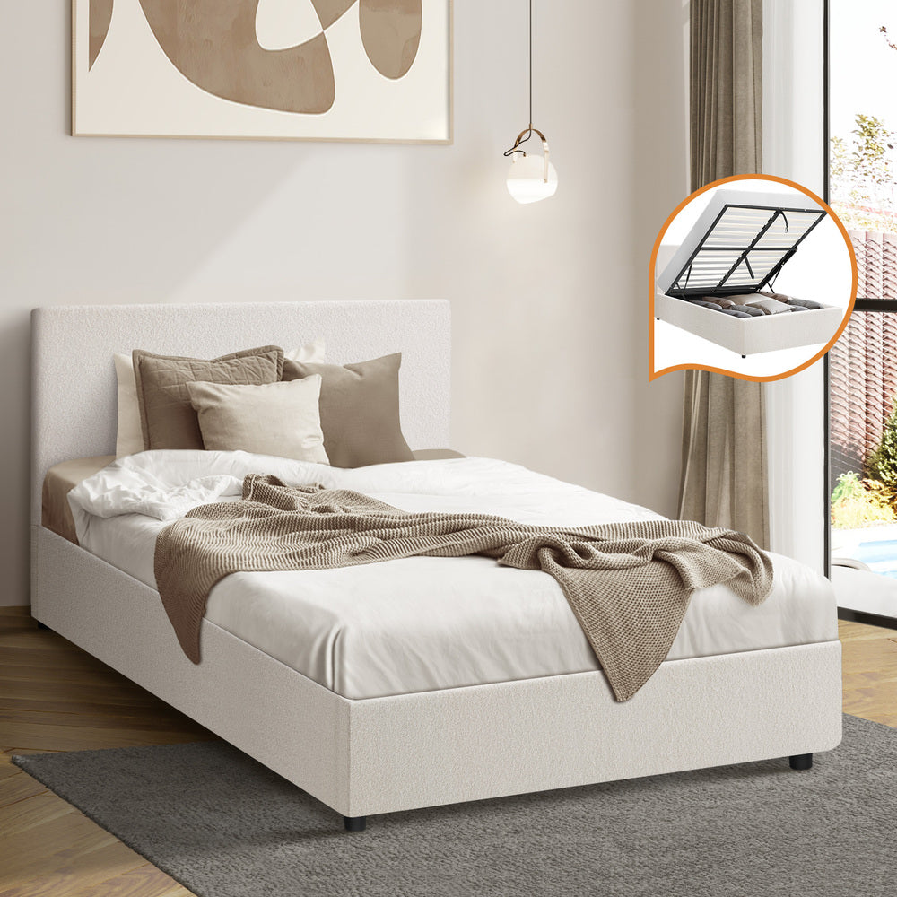 Oikiture Bed Frame King Single Gas Lift Storage Base White Boucle-Bed Frames-PEROZ Accessories