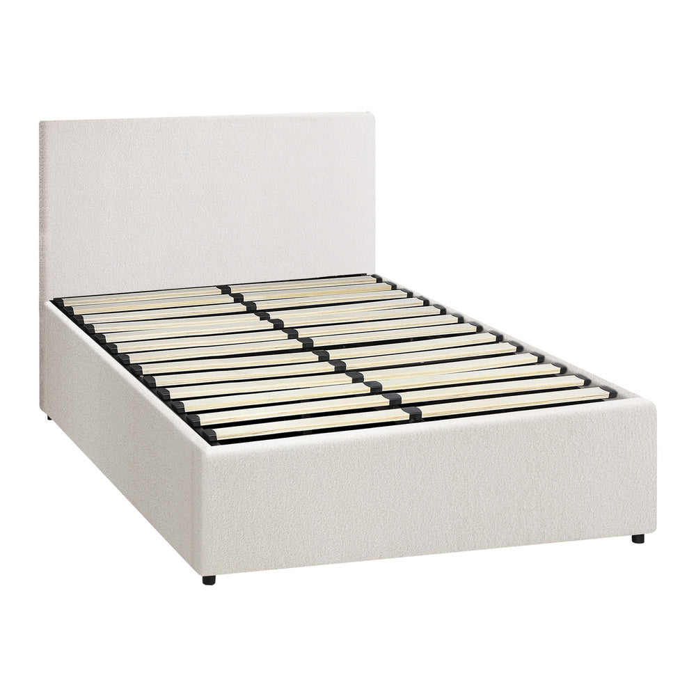 Oikiture Bed Frame King Single Gas Lift Storage Base White Boucle-Bed Frames-PEROZ Accessories