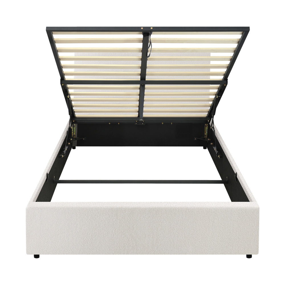 Oikiture Bed Frame King Single Gas Lift Storage Base White Boucle-Bed Frames-PEROZ Accessories