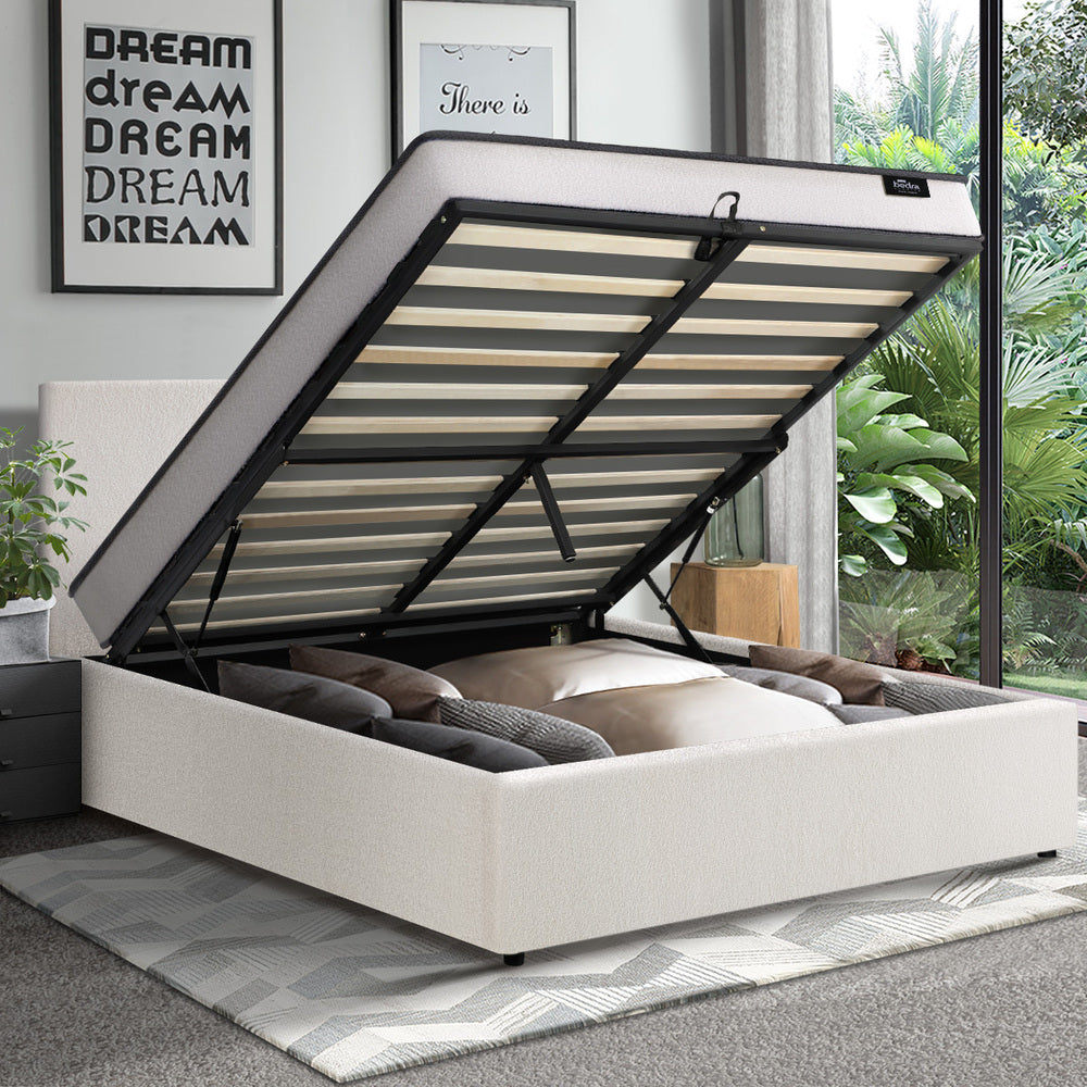 Oikiture Bed Frame King Size Gas Lift Boucle Beds With Mattress Set-Bed Frame-PEROZ Accessories