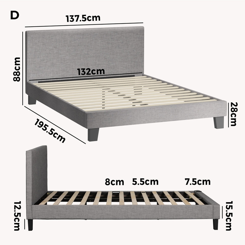 Oikiture Bed Frame Double Size Mattress Base Platform Wooden Slats Grey Fabric-Bed Frames-PEROZ Accessories