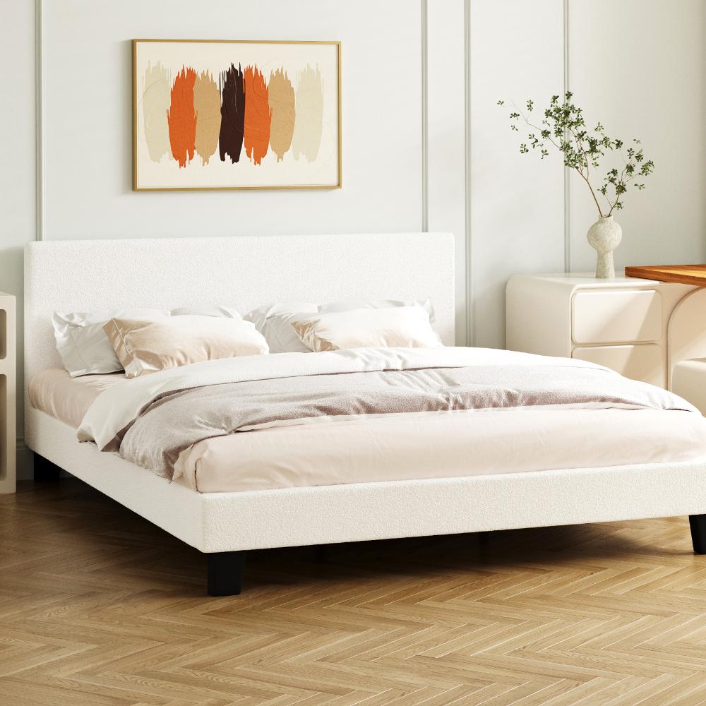 Oikiture Double Bed Frame with Wooden Slats and Boucle Fabric Bed Base Mattress Platfrom White-Bed Frames-PEROZ Accessories