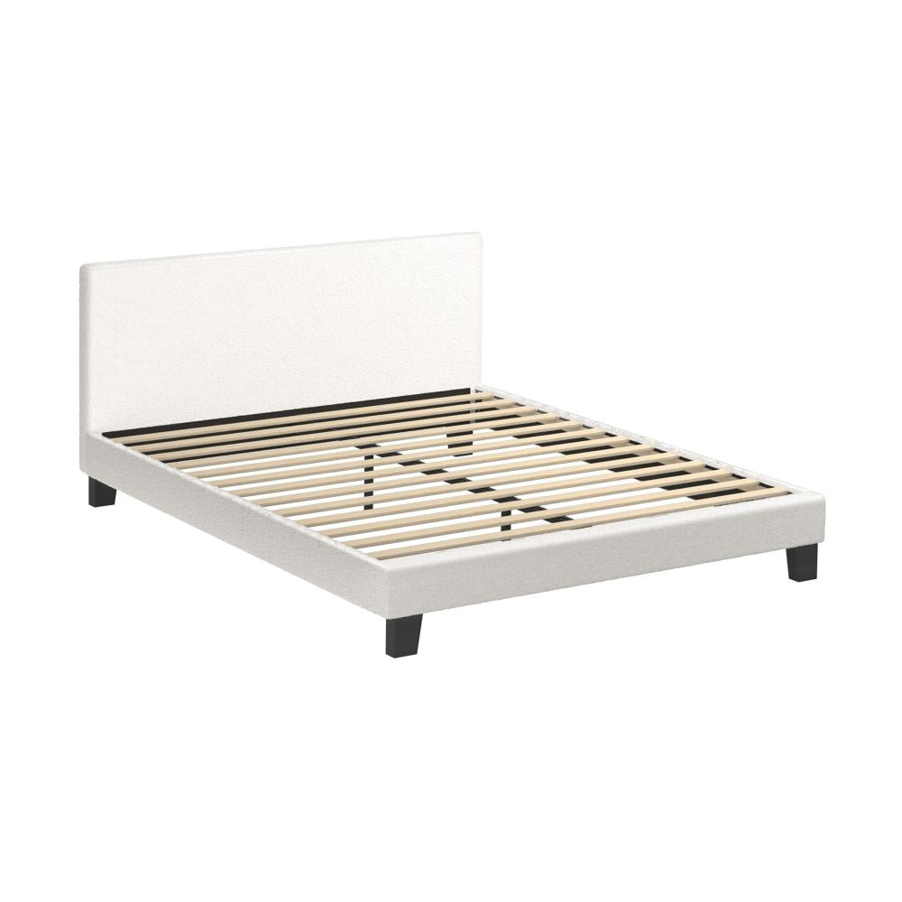 Oikiture Double Bed Frame with Wooden Slats and Boucle Fabric Bed Base Mattress Platfrom White-Bed Frames-PEROZ Accessories