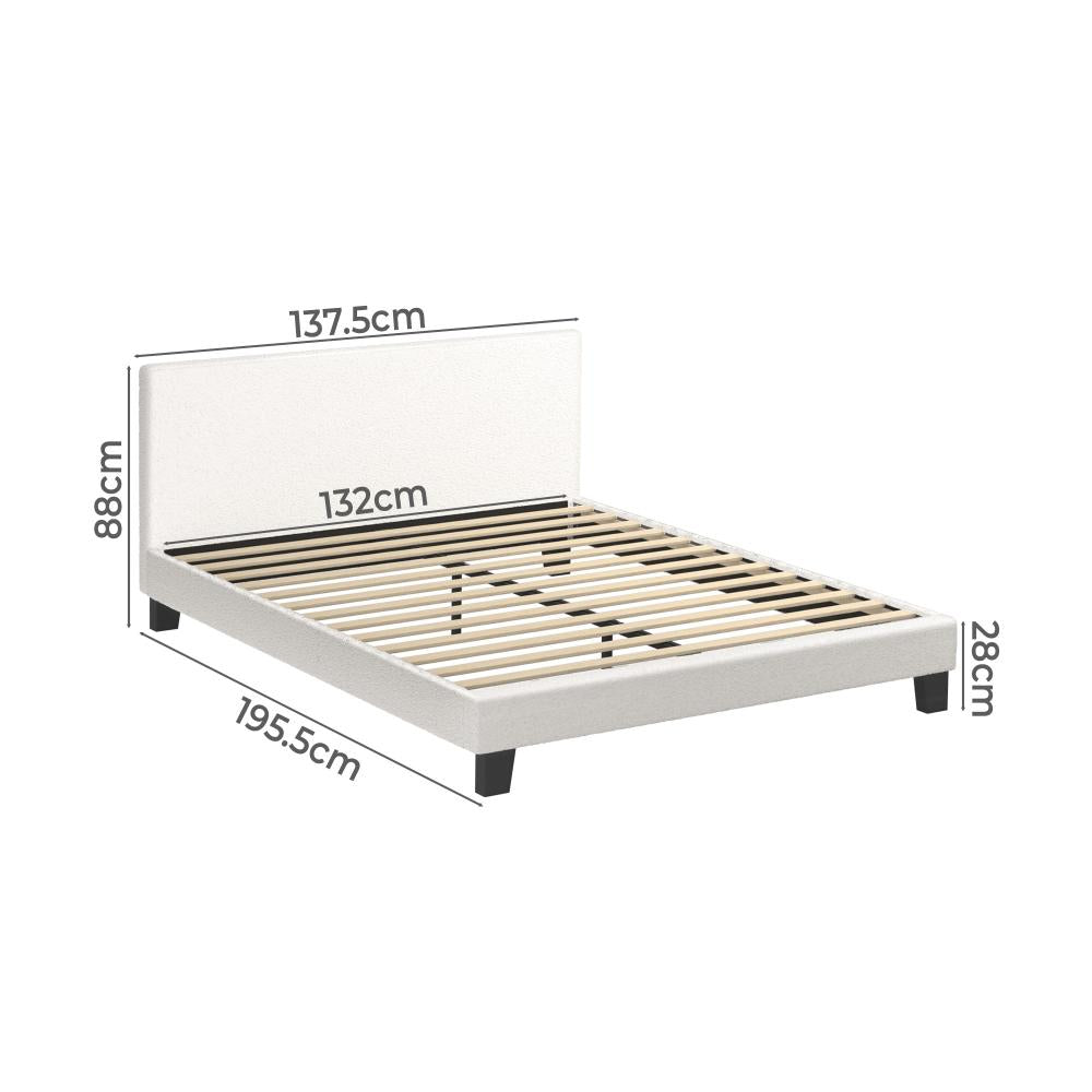 Oikiture Double Bed Frame with Wooden Slats and Boucle Fabric Bed Base Mattress Platfrom White-Bed Frames-PEROZ Accessories