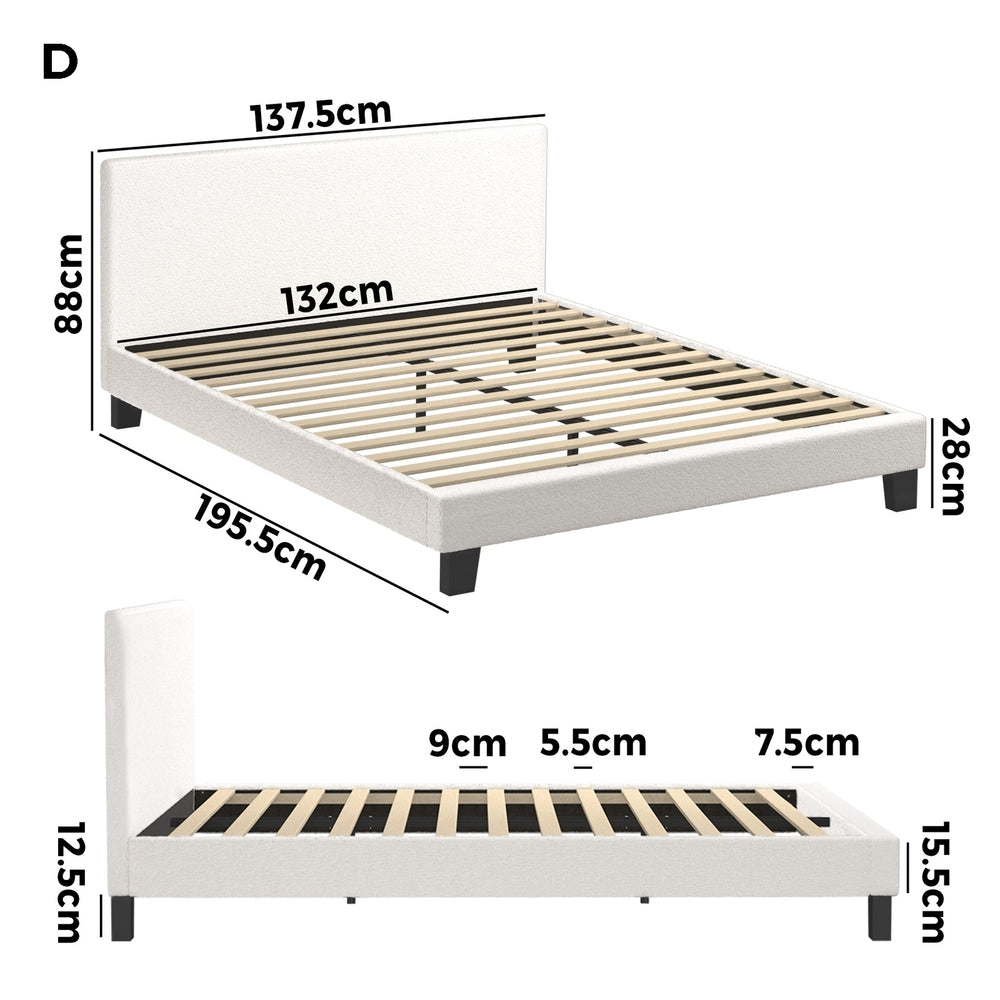 Oikiture Double Bed Frame with Wooden Slats and Boucle Fabric Bed Base Mattress Platfrom White-Bed Frames-PEROZ Accessories