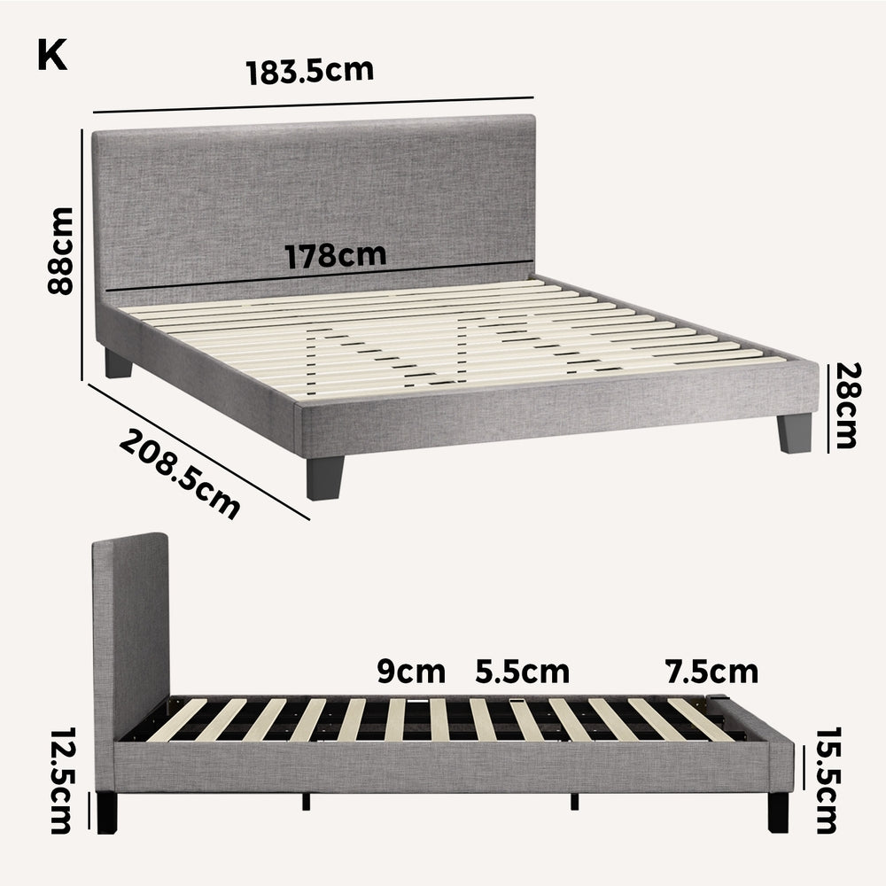 Oikiture Bed Frame King Size Mattress Base Platform Wooden Slats Grey Fabric-Bed Frames-PEROZ Accessories