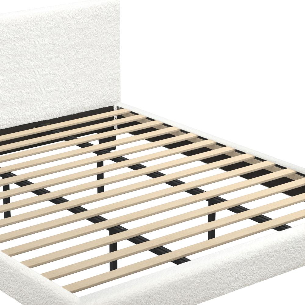 Oikiture King Bed Frame with Wooden Slats and Boucle Fabric Bed Base Mattress Platfrom White-Bed Frames-PEROZ Accessories