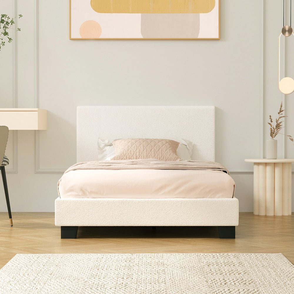 Oikiture King Single Bed Frame with Wooden Slats and Boucle Fabric Bed Base Mattress Platfrom White-Bed Frames-PEROZ Accessories